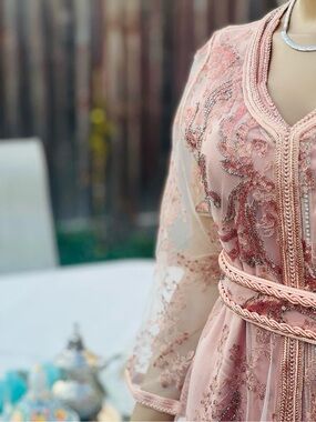 Caftan /Embroidered Blush Pink Lace Wedding Dress with Braided Waist
